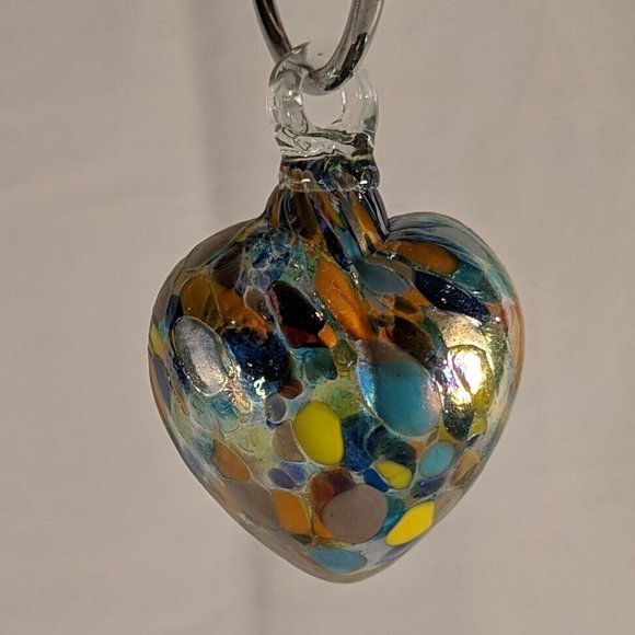 Hand Blown Colorful Art Glass Heart Hanging Ornament Decor Multi Gold 3.5" - Picture 1 of 10